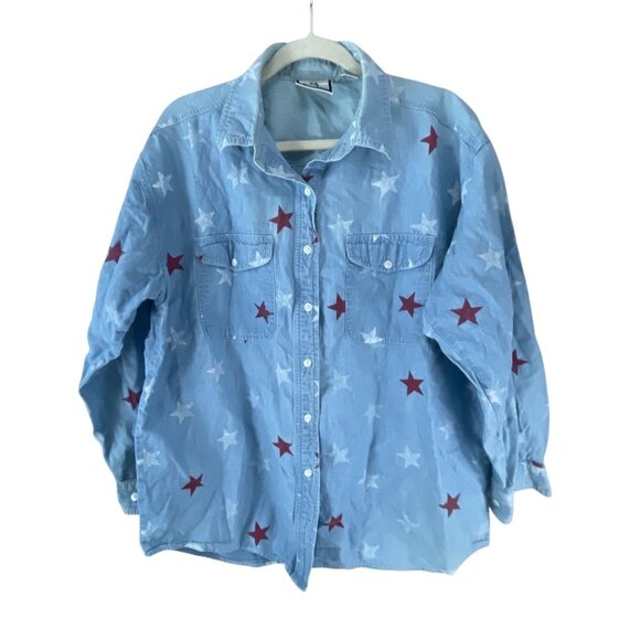 Bill Blass Women's Blue Denim Shirt L Red White Star Print Casual Streetwear - Picture 1 of 8